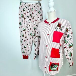 NWT VTG Moon Dance Christmas Teddy Bear Holly Candy Cane Striped Pajama Set M